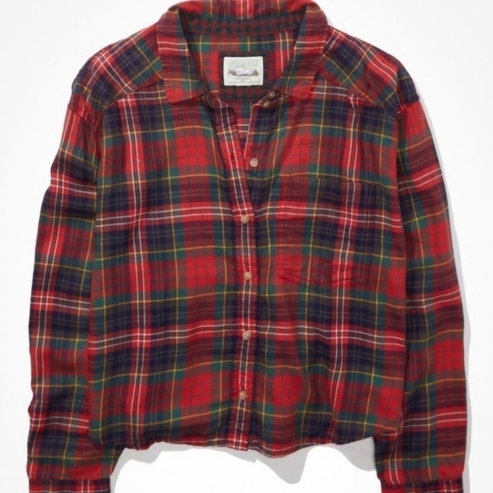 American Eagle AEO Cozy Cabin Cropped Patched Flannel Shirt Red Women's Small S - Picture 3 of 14